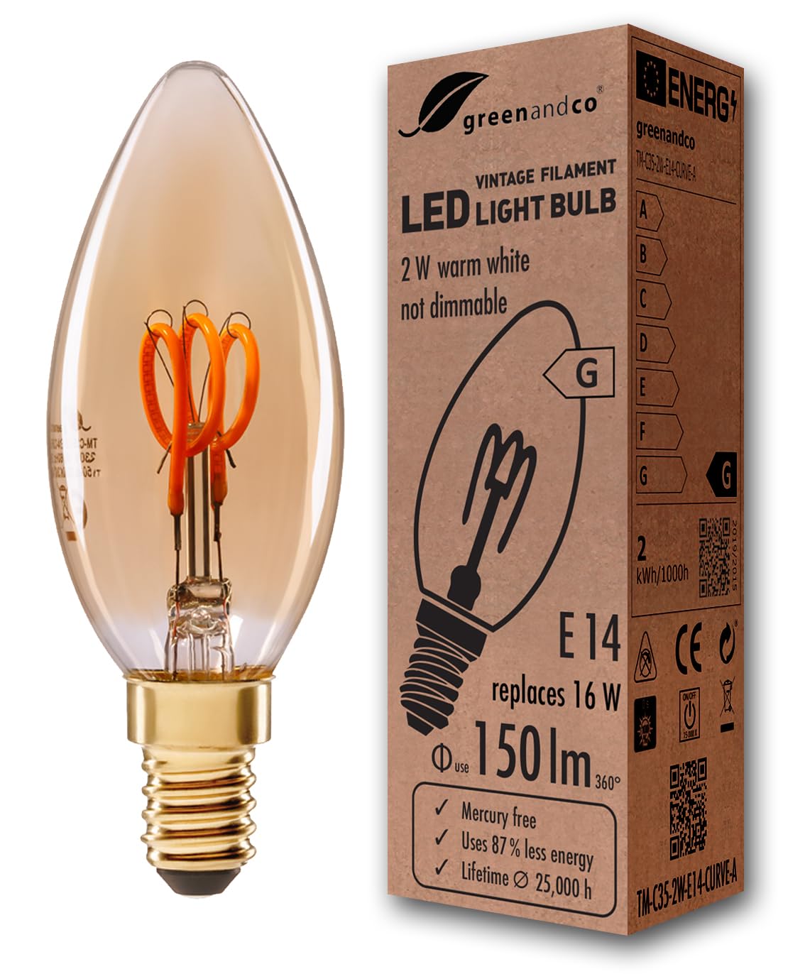 greenandco® E14 C35 LED Vintage Filament Bulb 2W Replaces 16W 150lm 2000K Extra Warm White 360° 230V, no Flicker, not dimmable