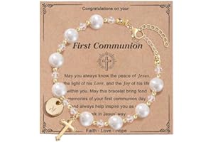 ENASAL Initial A-Z Letter First Communion Gifts for Girls,Rosary Pearl Cross Bracelet for Christian Catholic Goddaughter