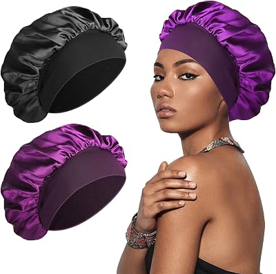 Sweet View Silk Bonnet 2 Pack Silk Hair Wrap Sleeping Cap Black Purple