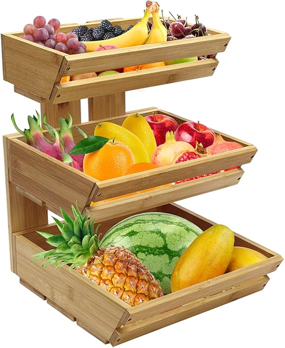 3Tier Bamboo Countertop Fruit Basket Holder Bamboo Fruit Basket Holder