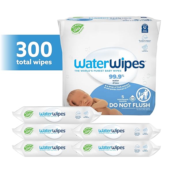 WATERWIPES ORIGINAL BABY WIPES, 99.9% WATER, 3-IN-1 CLEANS, CARES, PROTECTS, UNSCENTED & HYPOALLERGENIC, 300 COUNT (5 PACKS), PACKAGING MAY VARY