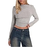 SweatyRocks Women's Ruched Mock Neck T Shirt Long Sleeve Fitted Crop Top Casual Basic Tops