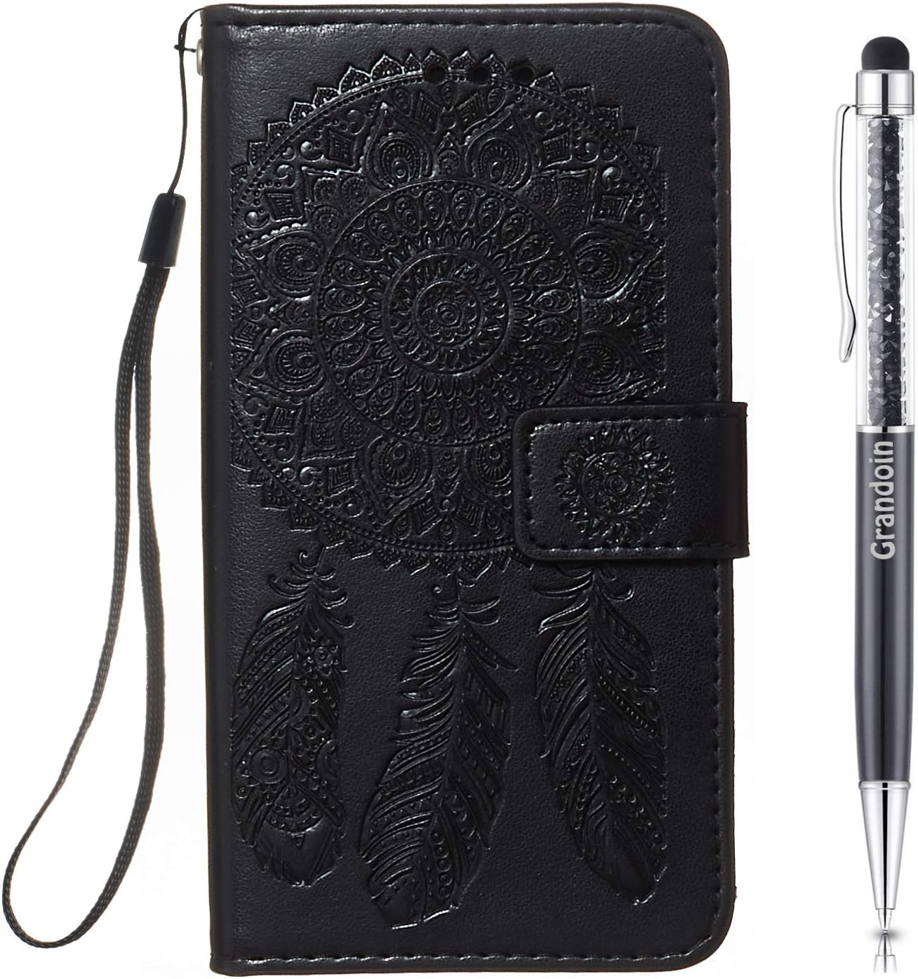 Grandoin for Galaxy S20 Case, [Dreamcatcher] PU Leather Magnetic Flip Cover with Card Slots Holders [Soft Silicone Inner] [Pressed Pattern] Bookstyle Wallet Case for Samsung Galaxy S20 (Black)