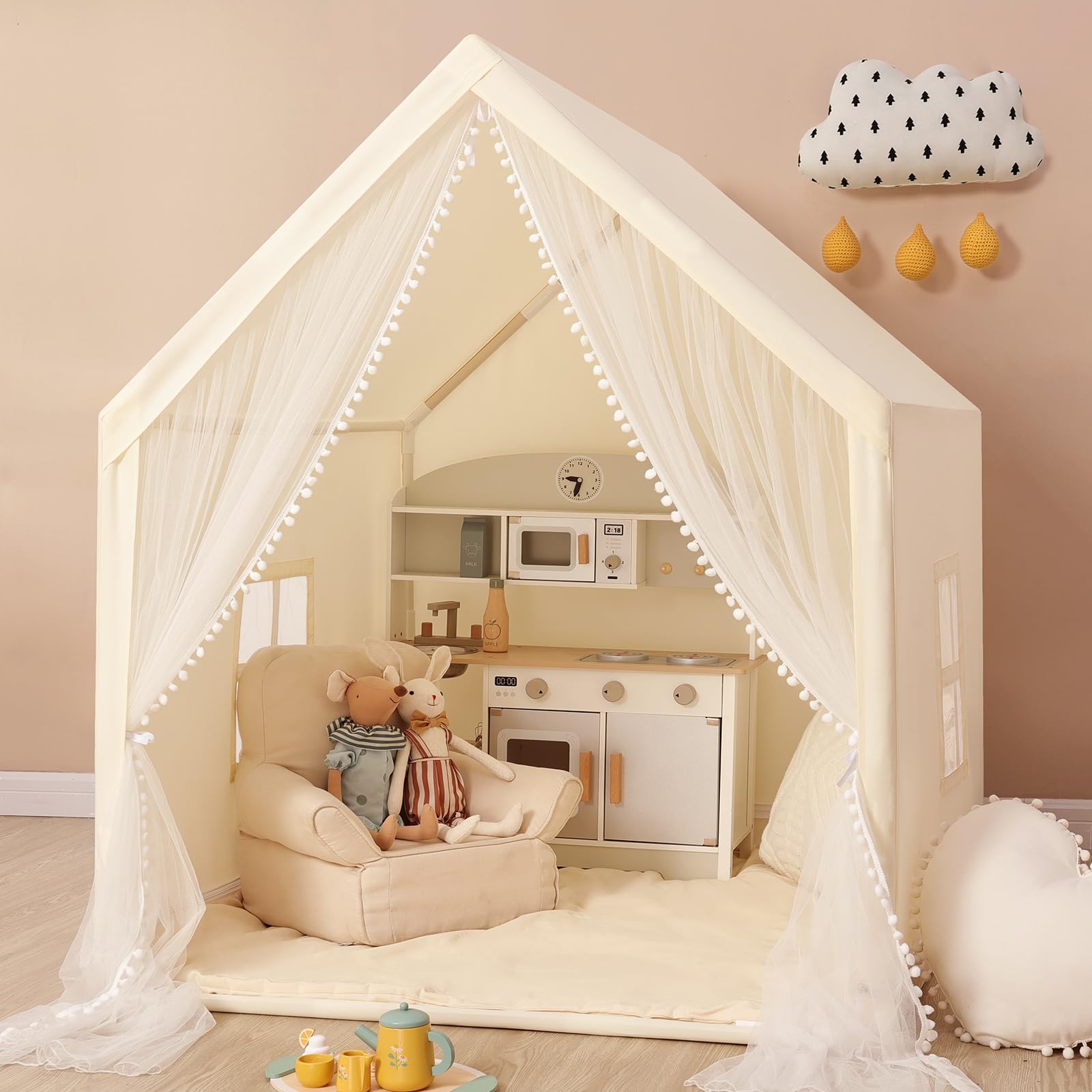 Photo 1 of **INCOMPLETE** Monobeach Kids Tent Beige Play Tent with Long Mesh Curtain Large Playhouse for Indoor Outdoor Play Cottage Castle Toy for Girls Boys House Gift (Beige Kids Play Tent)