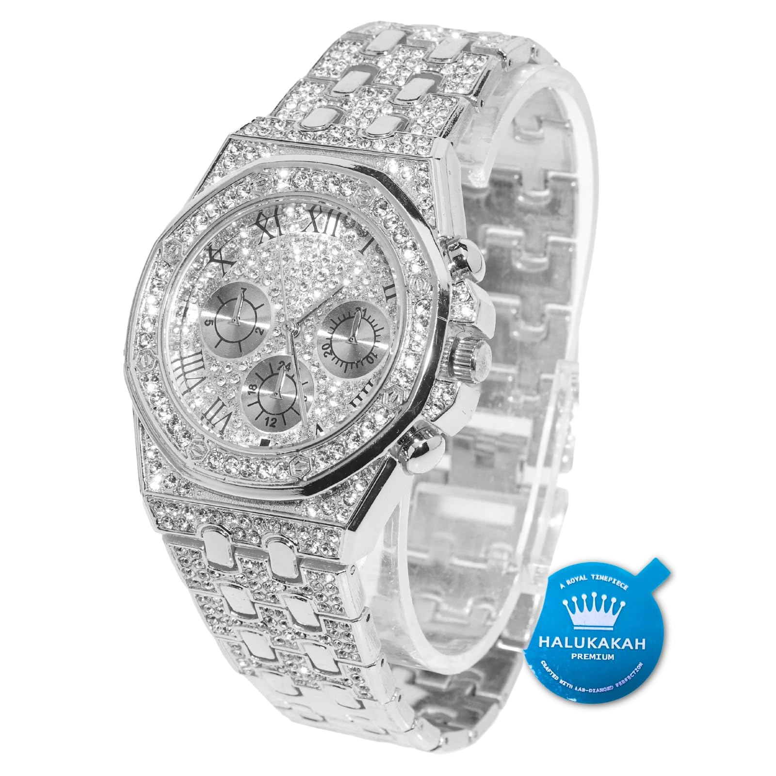 Halukakah Diamond Gold Watch, Men's 18K Real Gold-Plated/Platinum White Gold-Plated 40 mm Wide Roman Numerals Dial Quartz Bracelet 22 cm with Cuban Link Chain 20 + 45 cm Necklace Bracelet with Gift