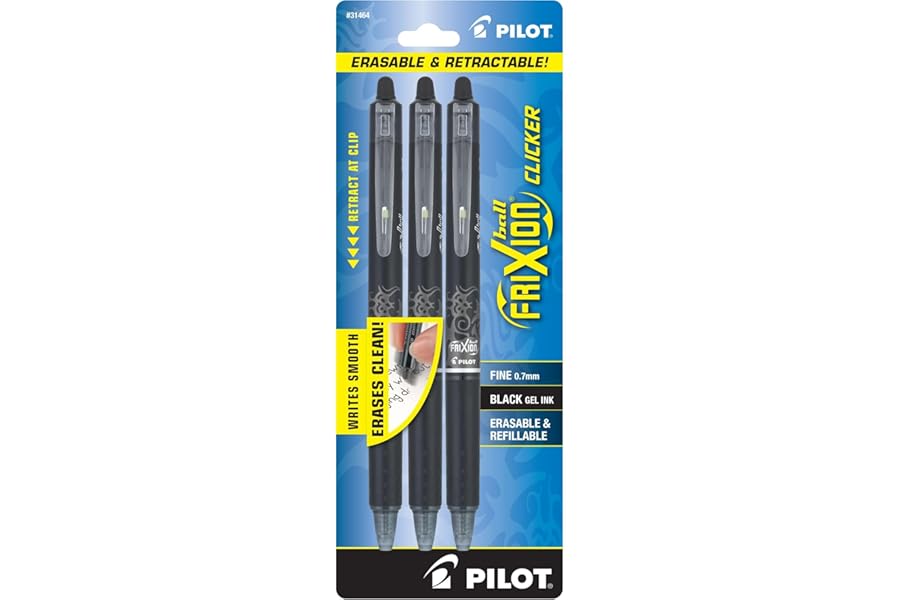PILOT FriXion Clicker Erasable Pens, Refillable & Retractable Gel Ink Pens, Fine Point 0.7 mm, Black Ink, 3-Pack - Ideal for School, Journaling, & Office Writing