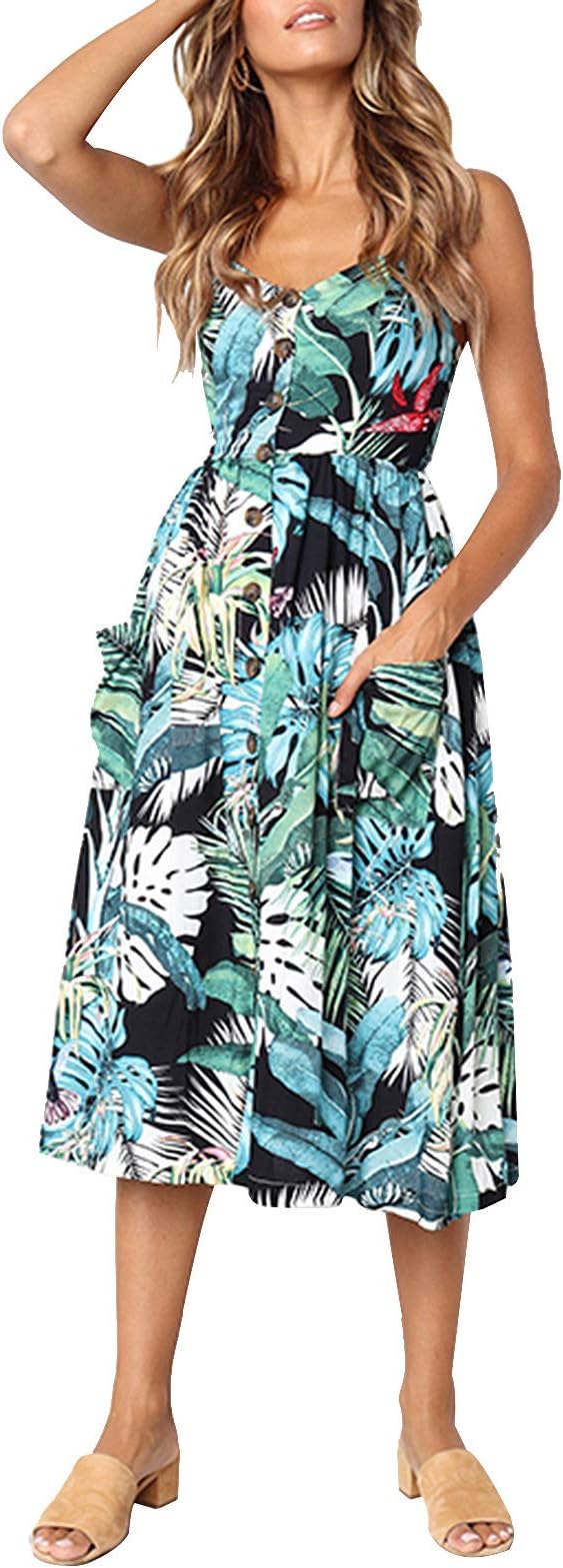 SWQZVT Women's Dress Summer Spaghetti Strap Sundress Casual Floral Midi Backless Button Up Swing Dresses with Pockets S-3XL