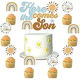 24 Pack Here Comes The Son Cake Topper Cupcake Picks Baby Shower Decorations for Boy, A Little Sunshine is On The Way Boho Party Supplies