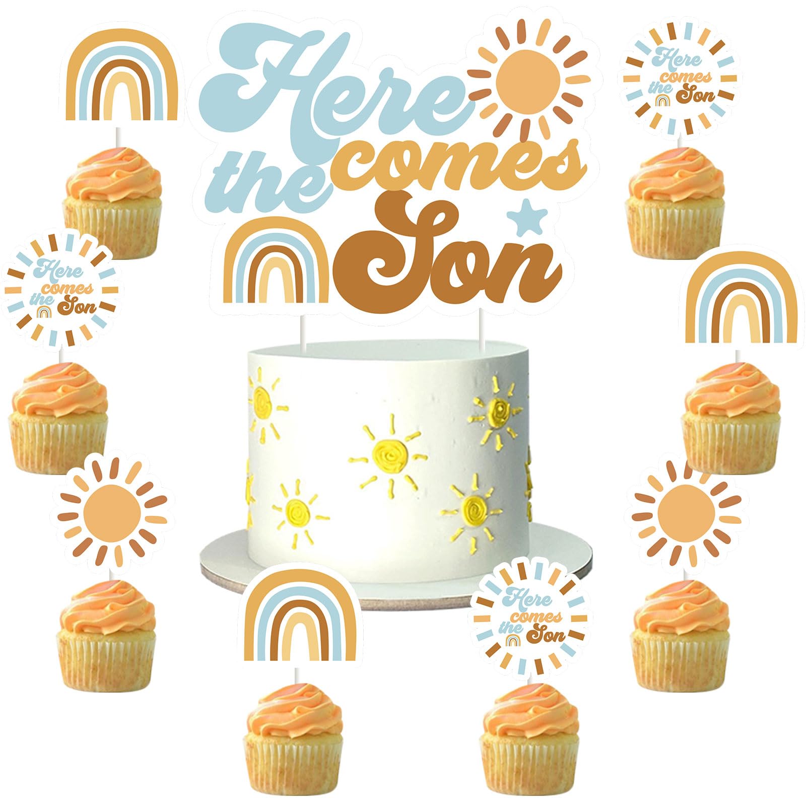 Photo 1 of 24 Pack Here Comes The Son Cake Topper Cupcake Picks Baby Shower Decorations for Boy, A Little Sunshine is On The Way Boho Party Supplies