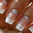 RUOKEXIN Press on Nails White French Tip Fake Nails Square Medium Length False Nails with Silver Glitter Designs Ombre Glossy Artificial Nails Acrylic Glue on Nails Natural Stick on Nails for Women