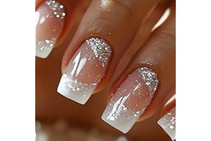 RUOKEXIN Press on Nails White French Tip Fake Nails Square Medium Length False Nails with Silver Glitter Designs Ombre Glossy Artificial Nails Acrylic Glue on Nails Natural Stick on Nails for Women
