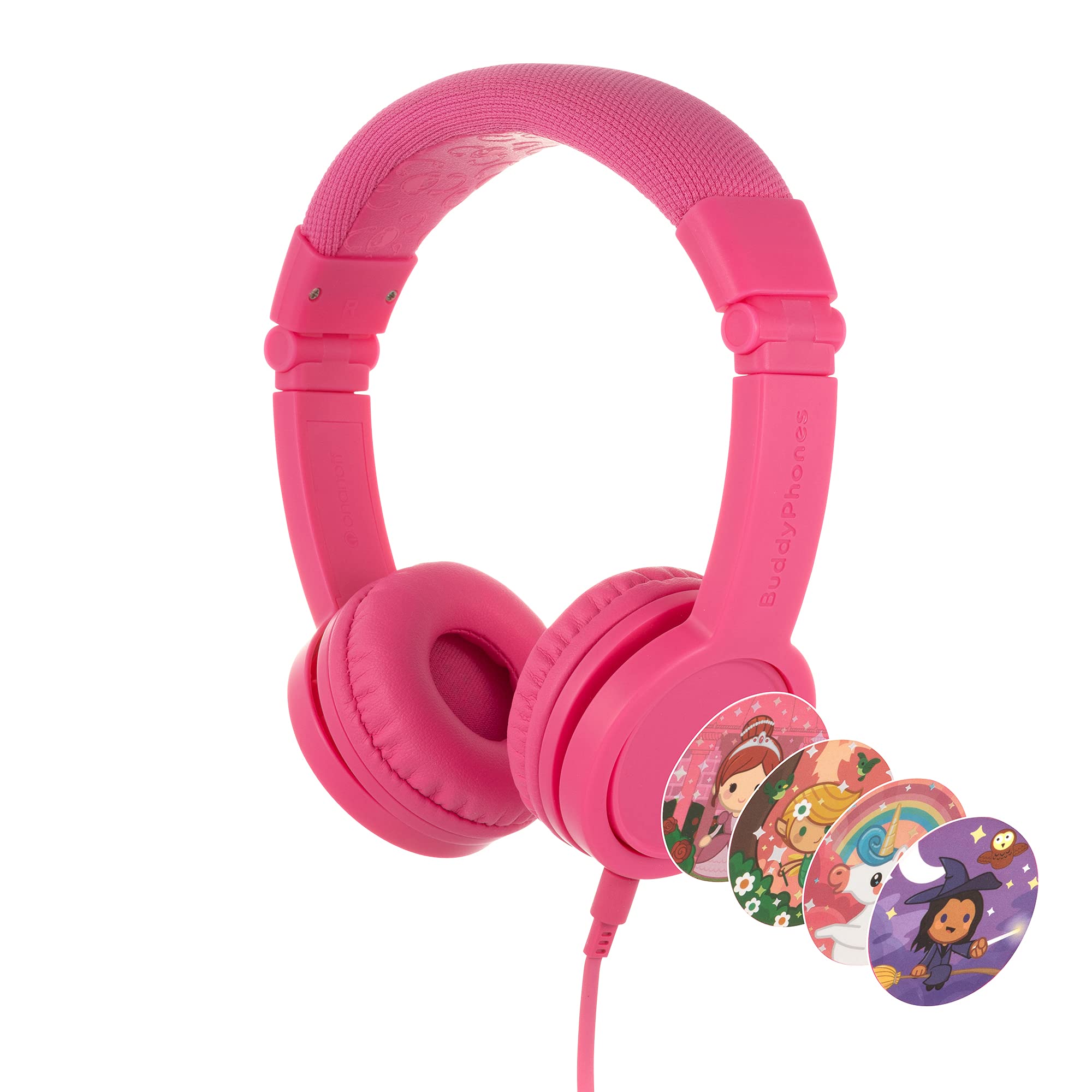 ONANOFF BuddyPhones Explore+, Volume-Limiting SafeAudio Kids Headphones, Foldable and Durable, Built-in Audio Sharing Cable with in-Line Mic, Pink