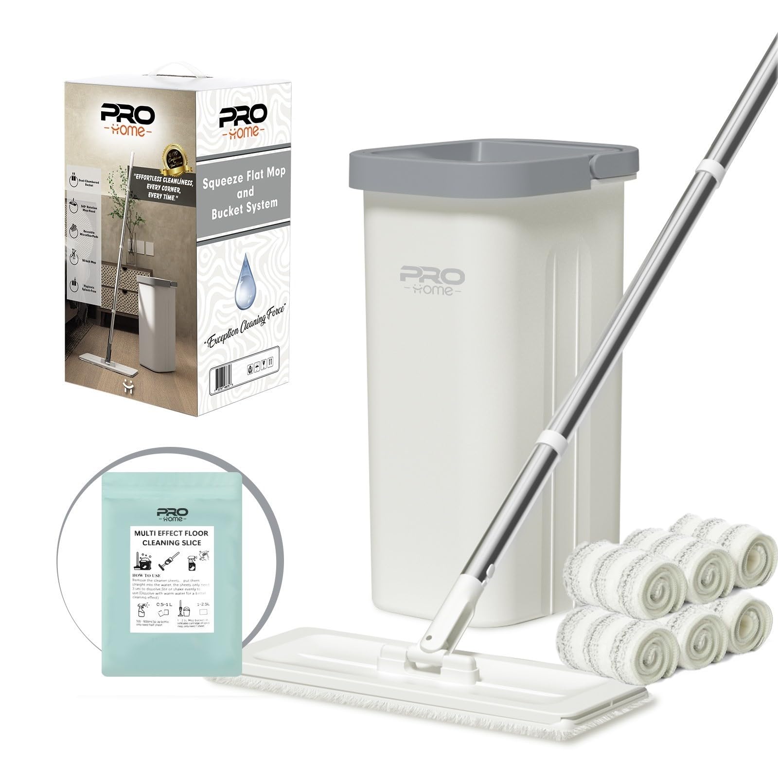 Photo 1 of PROHOME Mop and Bucket Set for Home, Hands-Free White Flat Squeeze Mop and Bucket System,Floor/Wall Cleaner with Long Handle, Wet/Dry Use (Mop and Buckets Set with 6 Pads)