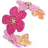Raffia Colorful Flower Cuff Bracelet For Women Statement Chunky Spring Summer Floral Tropical Beachy Vacation Wide Open Bangle Boho Jewelry Accessories
