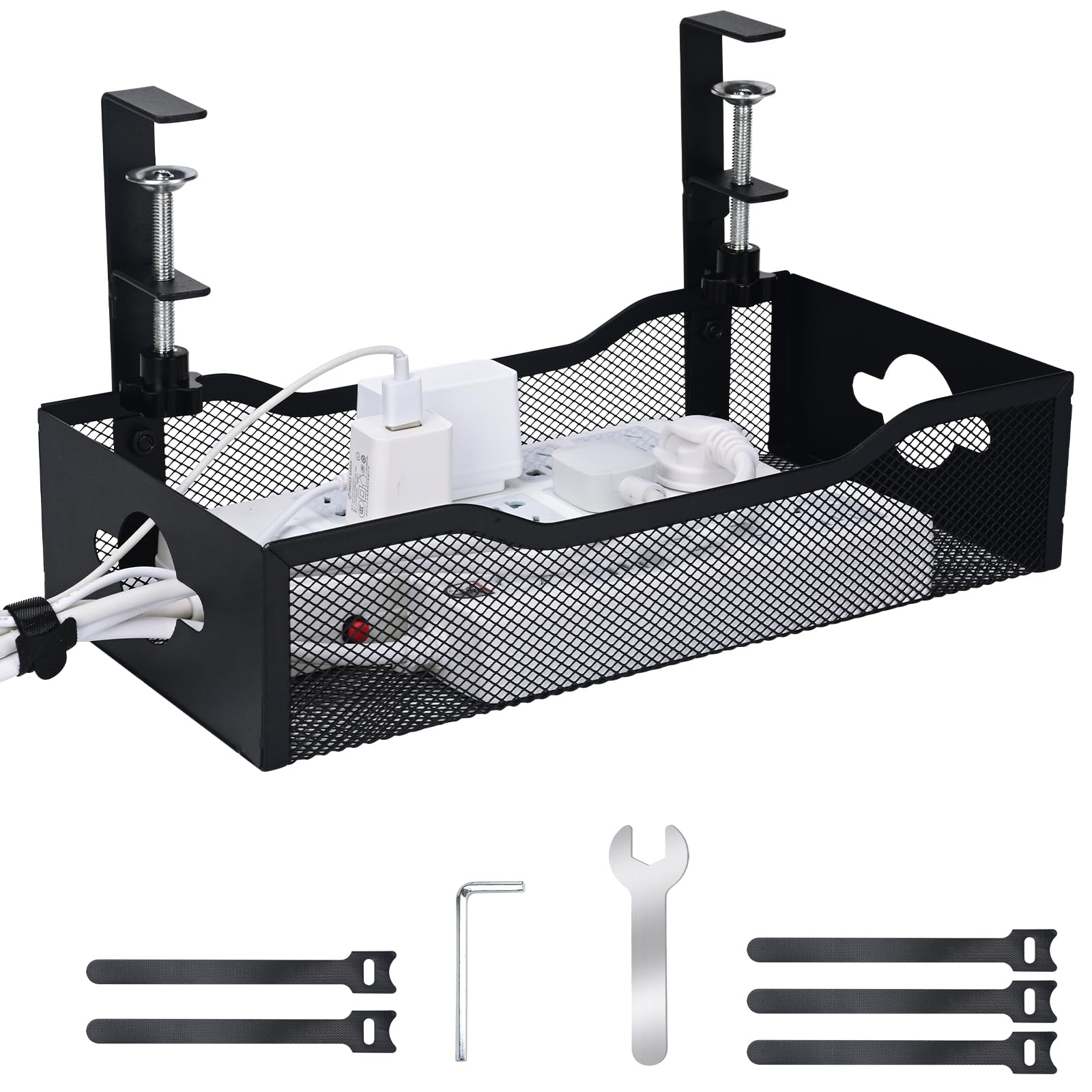 Photo 1 of Large Under Desk Cable Management Tray - Heavy Duty Metal Cord Organizer with No Drill Installation for Office & Home Office Desks to Hide Wires & Power Strips (Black, XL)