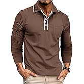 Mens Polo Shirts Long Sleeve Casual Stylish Collared Button Solid Color Golf T Shirts with Pocket