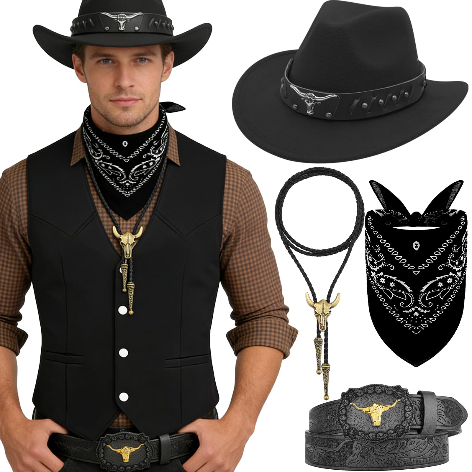 Wynlora 5Pcs Men’s Cowboy Outfits Set,Western Cowboy Fancy Dress with Waistcoat Wide Brim Hat Belt Paisley Bandanna Bull Head Necklace Wild Western Accessories for Adult Cosplay (Black, M)