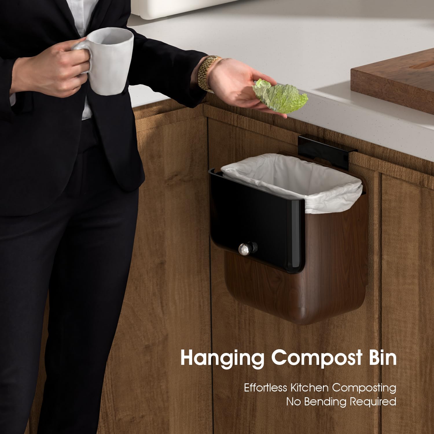 ZNYOPA Vintage Kitchen Trash Can with Lid, Large 3.2 Gallon/12 Liter Capacity, Hanging Compost Bin, for Under Sink or Cupboard, Bathroom, Bedroom, Walnut Color