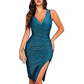 oten 2025 Women's Sexy V Neck Sleeveless Faux Wrap Sheath Side Slit Ruched Bodycon Cocktail Party Dress