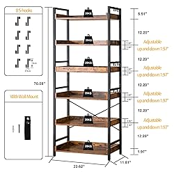 HCHQHS Adjustable 6 Tier Open Bookcase, Rustic