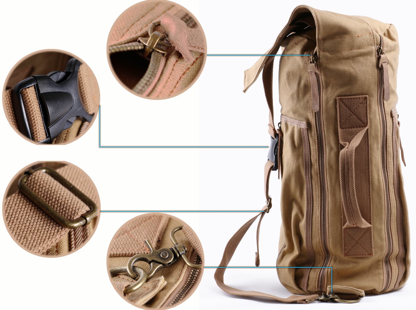 Cylinder Canvas Bag Travel Outdoor Hiking Bag Luggage Satchel Bag Should Bags(Khaki)