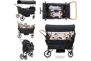 Voupou Stroller Wagon for 4 Kids Seated-Tandem Fold Stroller Push-Pull Lightweight Travel Trolley with 5-Point Harness,Adjustable Handle and Canopy,Mosquito Net,Footwells,Child Tray,Cup Holder,Storage