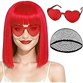 PLULON Red Bob Wig with Bangs, Short Straight Bob Wig with Heart Sunglasses 12 Inch Shoulder Length Heat Resistant Synthetic Hair Cap for Women Natural Look Daily Use Cosplay Costume Party