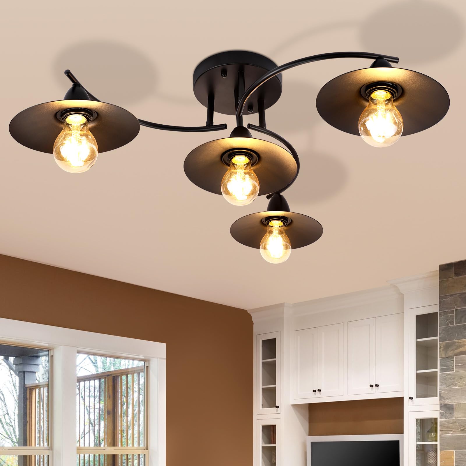 Vintage Ceiling Light E27 Retro Black Living Room Lamp 4 Bulbs Industrial Hallway Lamp Indoor Bedroom Lamp Dining Room Lamp Made of Plastic in Modern Metal Look - Bulb Not Included