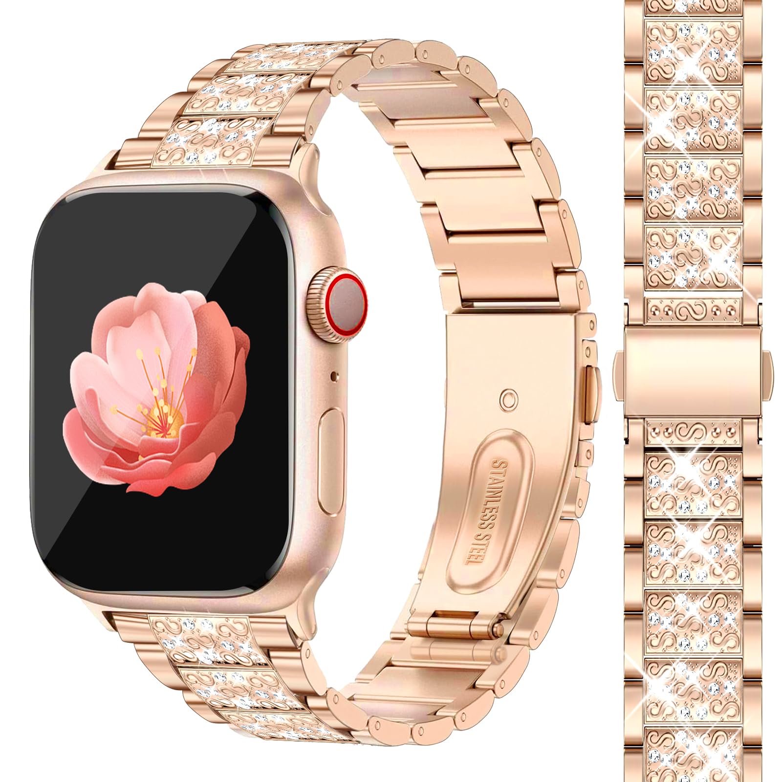 Newlibery Bling Watch Straps Women Compatible with Apple Watch 46mm 42mm(S3/2/1) 44mm 45mm 49mm Dressy Jewelry Metal Band Replacement Bracelet for iWatch Series 10/9/8/7/6/5/4/3/2/1/SE/Ultra Rose Gold