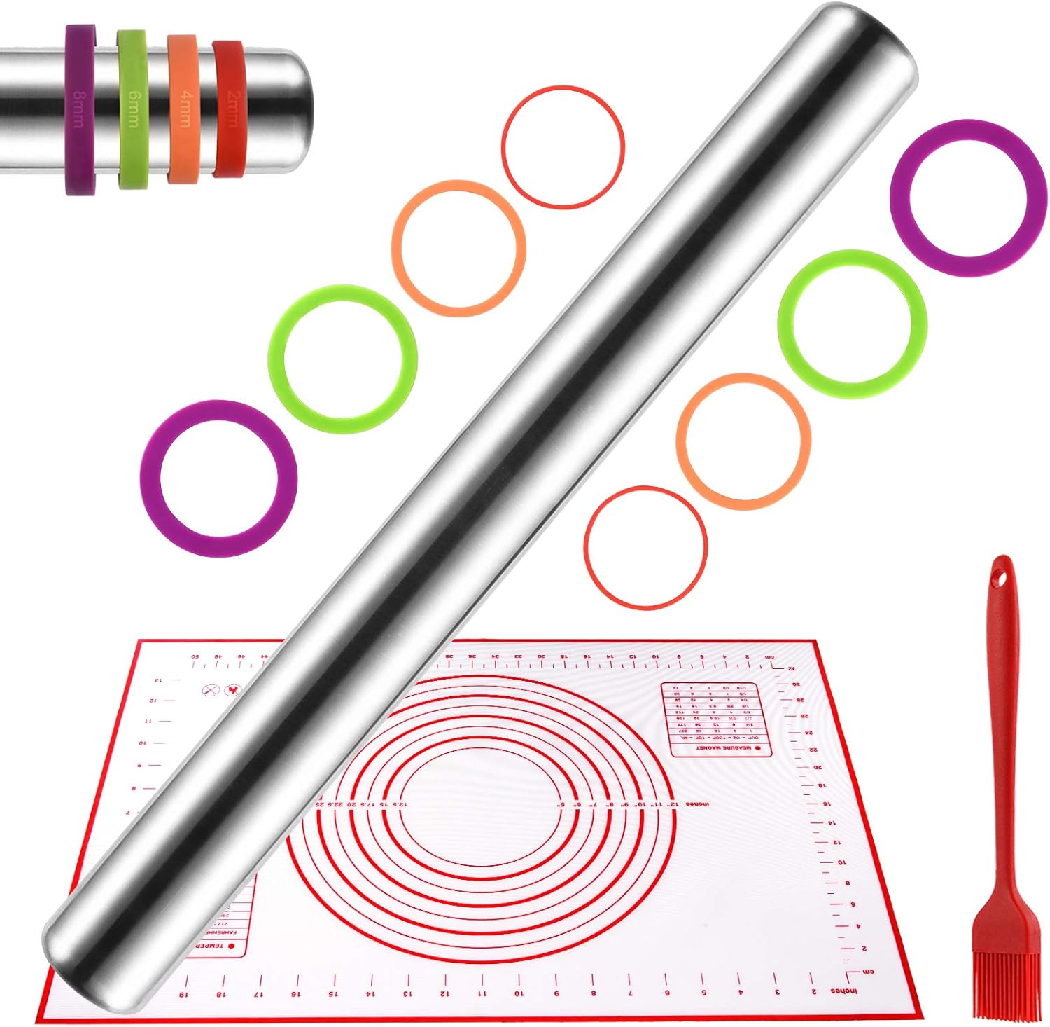 Uarter Nudelholz Fondant Einstellbare Gebäck Nudelhölzer Aluminium Temperatur Keks Pizza Rollen mit Dicken Ringen, (siliver)