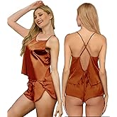WJing Yi Jia Womens Silk Pajamas Sets S-XXL 2Pcs Sexy Satin Pjs Lingerie Cami Shorts Set Camisole Sleepwear Nightwear