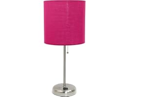 Simple Designs LT2024-PNK Brushed Steel Stick Table Desk Lamp with Charging Outlet and Drum Fabric Shade, Pink