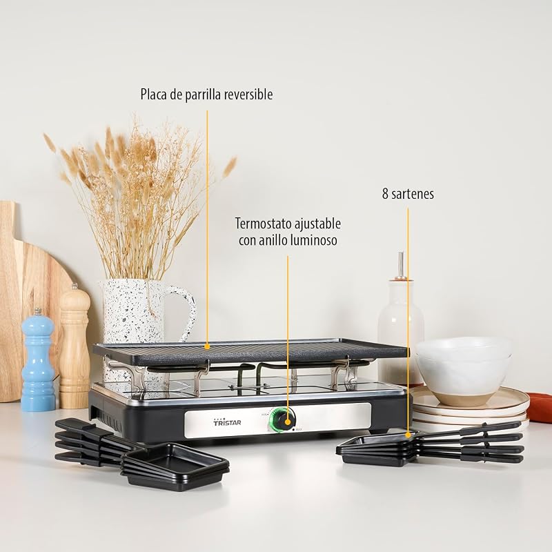 RA-2748 Raclette multifuncional 3 en 1; Raclette, piedra de cocción, grill, plancha/teppanyaki, Para 8 personas con 8 sartenes de raclette incluidas, 1400 W