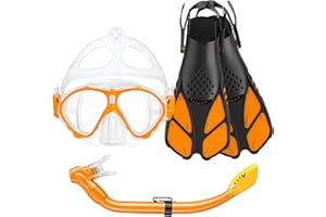 Seovediary Kids Snorkel Set, Mask Fins Snorkeling Gear for Kids Anti-Fog Swim Goggles 180 Panoramic View Dry Top Snorkel and Dive Flippers Combo with Travel Bag for Snorkeling Training Swimming Diving
