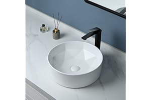 bathivy Round Vessel Sink with Pop Up Drain, Pure White Circle Above Counter Porcelain Bathroom Sink Washing Basin Modern Design Ceramic Vanity Top Vessel Sink Art Basin for Lavatory Vanity Cabinet