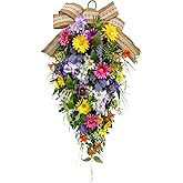 Lnymura 25 Inch Lighted Spring Summer Teardrop Swag with Timer Daisies Wildflower Burlap Bow Farmhouse Floral Decor for Front Door Wall