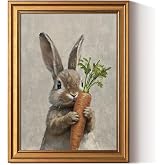ARPEOTCY Easter Bunny Wall Art, Vintage Gold Framed Canvas, 12x16 Inch | Cute Rabbit Holding a Carrot, Charming Spring Animal Decor for Nursery, Baby Room, Kids Room or Easter Farmhouse Display.