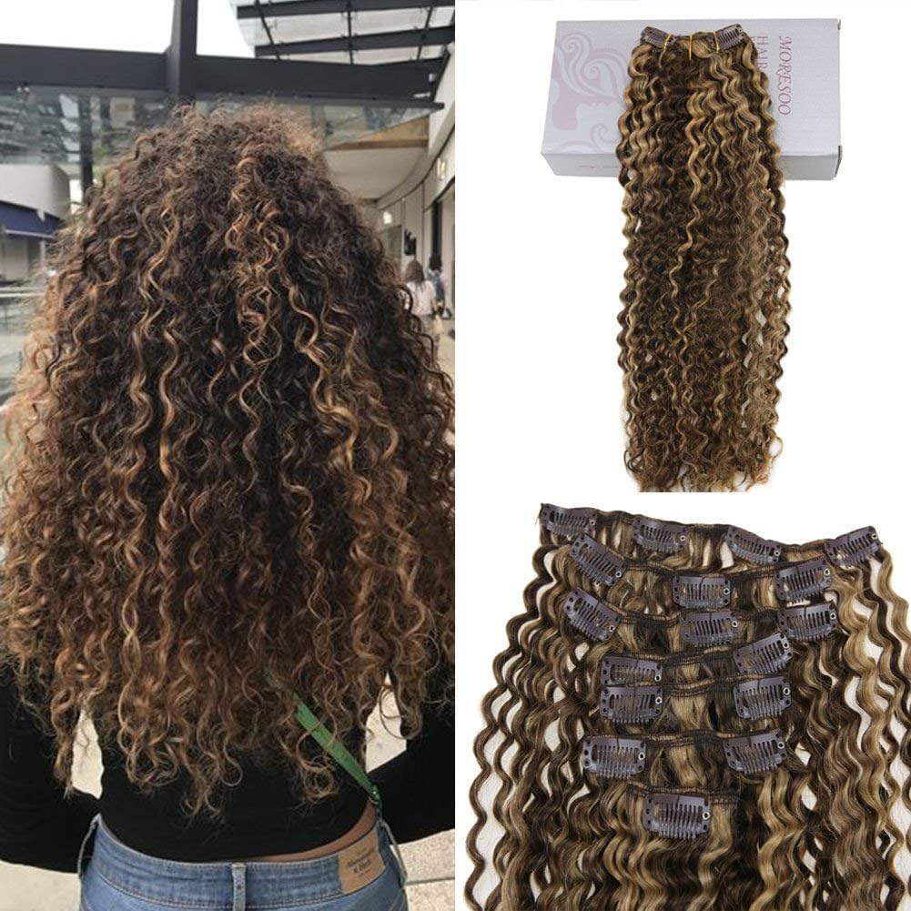 Moresoo Clip in Kinky Curly Hair Extensions Brown #4 Highlighted with Caramel Blonde #27 Full Head Human Hair Extensions 14 inch 7 pcs 100g