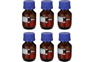 PATIKIL 6 Pack Reagent Media Storage Bottles, 50ml Borosilicate Glass Graduated Round Bottles with GL32 Blue Screw Cap for Lab Water Reagent Liquids, Amber