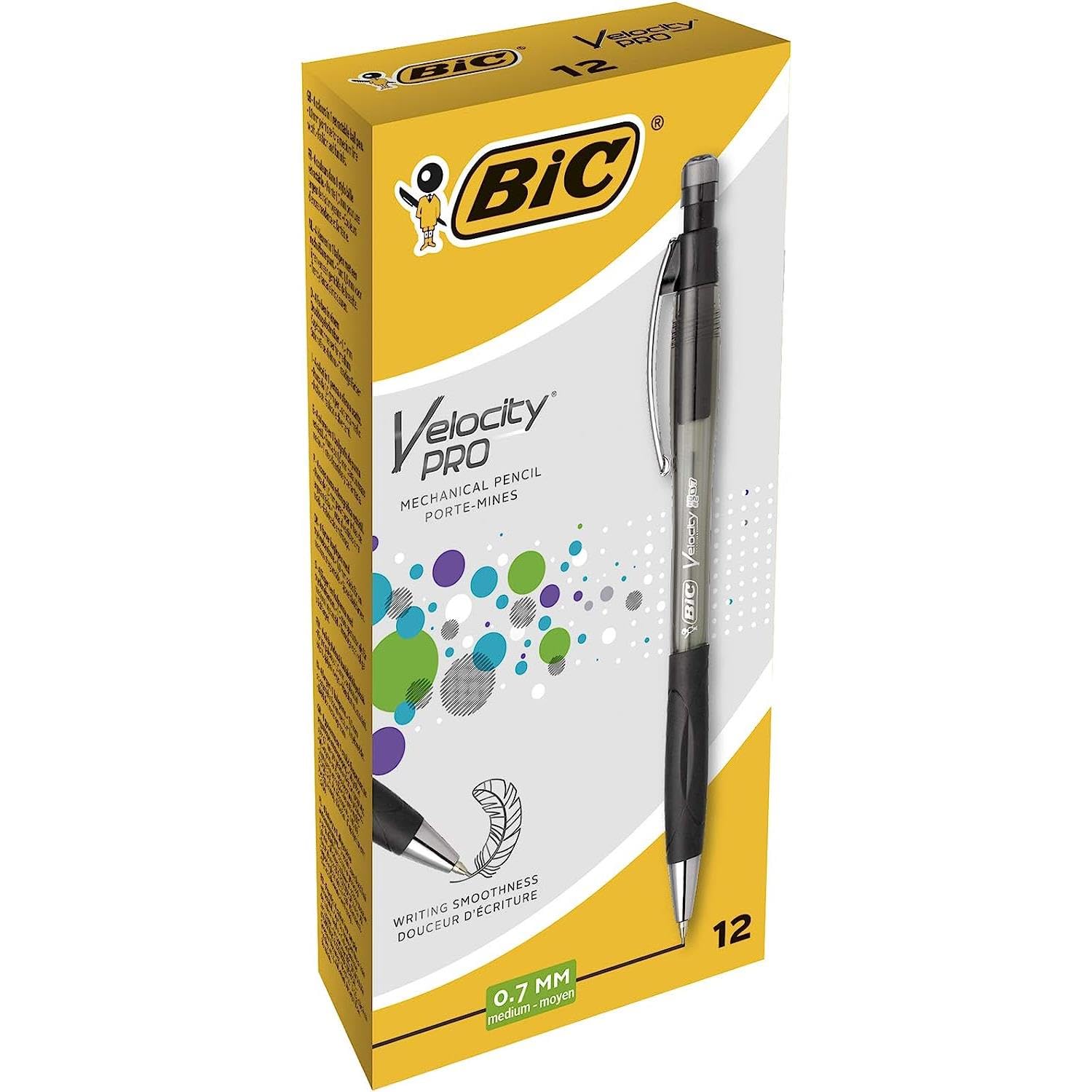 BIC Velocity Pro Refillable Mechanical Pencils - Black - Box of 12 (3 HB) Lead Pencils 0.7 mm with Eraser