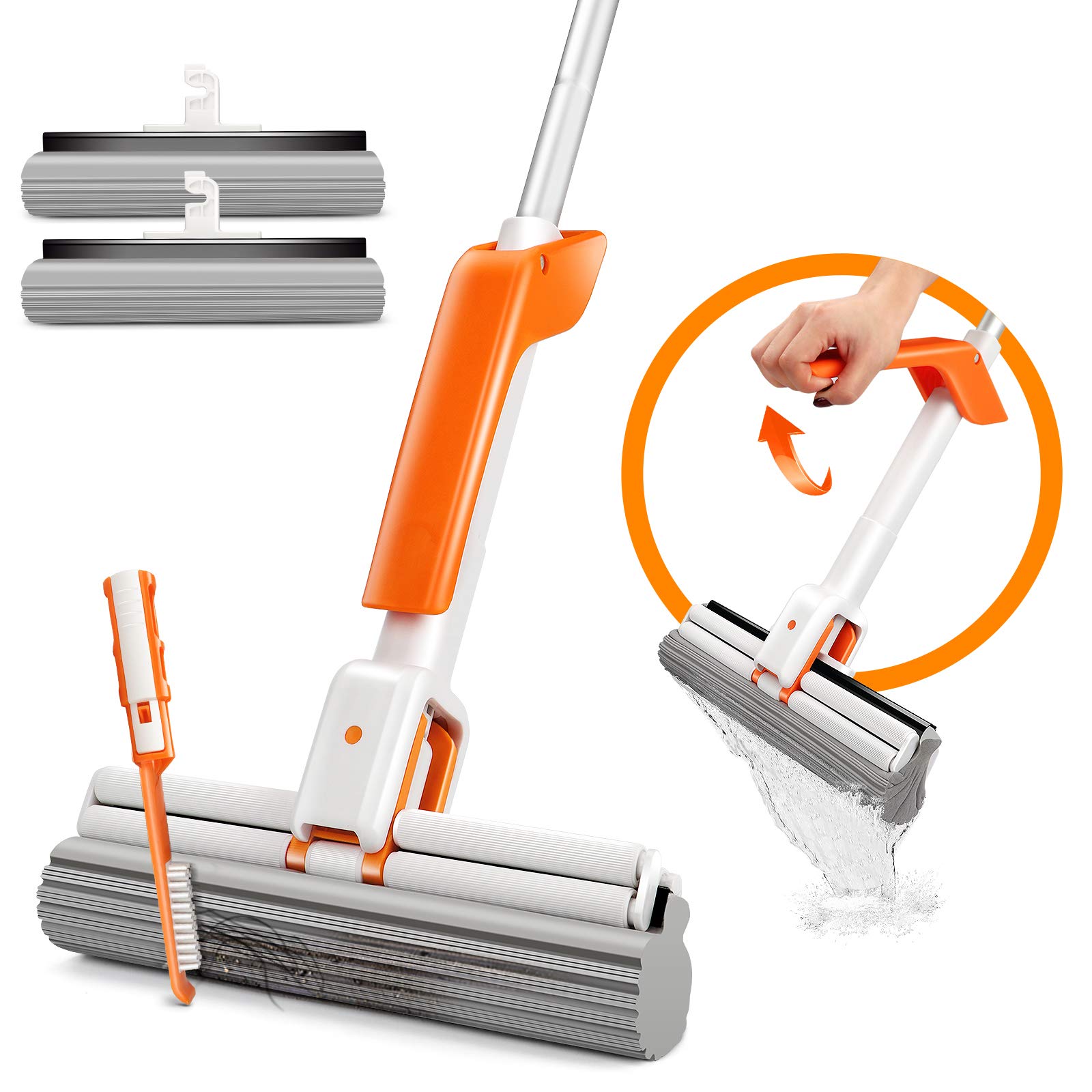 Masthome Sponge Mops,Floor Sponge Mops for Cleaning Floors with 2pcs Sponge Heads,Highly Absorbent Floor Mop for Laminate Tile Hardwood Cleaning - Includes Cleaning Brush