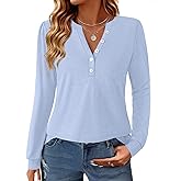 GKBK Women's Puff Long Sleeve Tunic V Neck Button Blouses Fall Tops Trendy Dressy Casual Business Henley Shirts