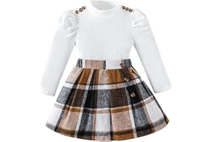 Guodeunh Toddler Girl Clothes,Girls Clothes Skirt Set Puff Sleeve Tops + Plaid Skirt 2 Pcs Fall Winter Outfits