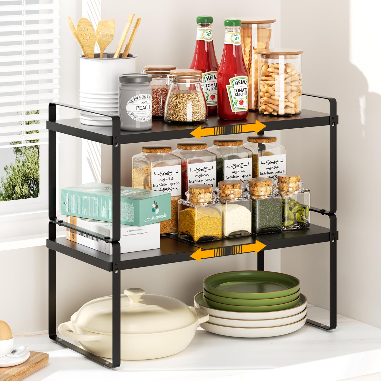 devesanter Expandable Kitchen Cabinet Organiser, Pack of 2, Stackable Cupboard Shelf, Adjustable Kitchen Cabinet Shelf, Spice Rack, Cabinet Insert for Kitchen Cupboard (Black)