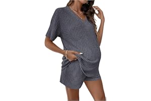 SweatyRocks Women's Maternity 2 Piece Outfits V Neck Short Sleeve Top and Elastic Waist Shorts Set