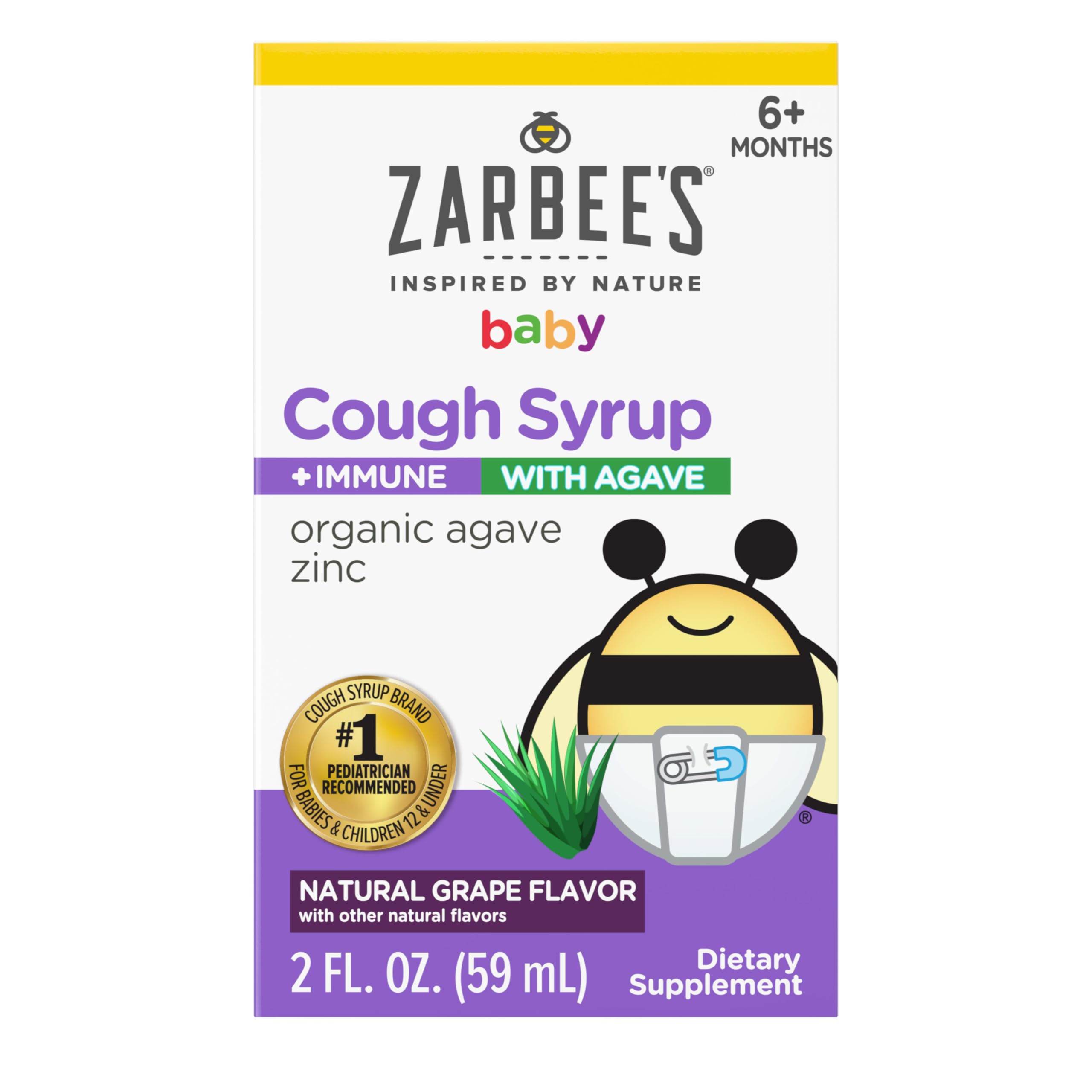 Zarbee's Baby Agave Cough Syrup + Immune for Babies 6+ Months, Safe & Effective with Cough Soothing✝ Organic Agave & Zinc for Immune Support*, Natural Grape Flavor, 2Fl Oz
