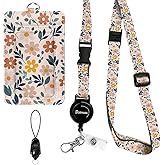 bolimoss Cute Teacher Lanyard with Id Holder, Floral Leather Lanyards for ID Badges, Breakaway Neck Lanyards with Retractable Badge Reels Quick-Release Buckles and Adjustable Straps for Nurse Work