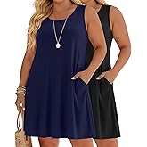 Evervibe 2 Pack Women's Plus Size Summer Dresses, Casual Sleeveless Tank Dress Round Neck T-Shirt Sundress with Pockets