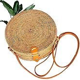 Kbinter Handwoven Round Rattan Straw Bag for Women Shoulder Leather Button Straps Natural Chic Handmade Boho Bag Bali Purse