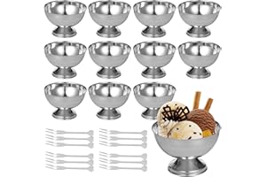 Chewtoyo 12X 6.8 Oz Stainless Steel Ice Cream Cups with Forks, Metal Dessert Bowls, Salad Serving Bowls for Parties, Reusable